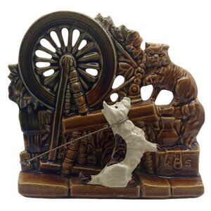 Vintage MCM McCoy Spinning Wheel Scottie Dog Cat Brown Glazed Pottery Planter